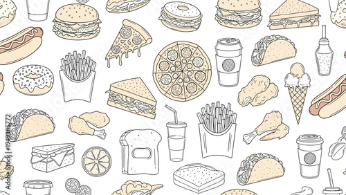 Seamless pattern of hand drawn fast food items like burgers, pizza, tacos, hot dogs, fries, and donuts for menu background design.