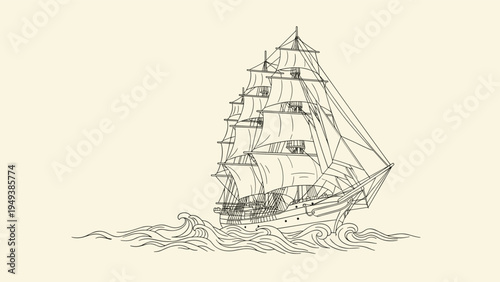 Classic hand-drawn sketch of a large vintage sailing ship with multiple masts navigating through ocean waves.