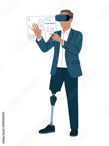 Man in suit wears VR headset. He gestures toward floating document. Leg prosthesis indicates adaptive technology. Confident posture shows engagement. Ideal for tech, accessibility