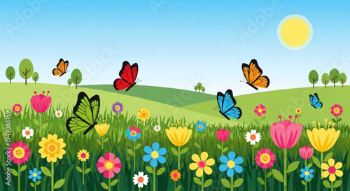 Colorful butterflies fly over a vibrant flower field on a sunny day on transparent background