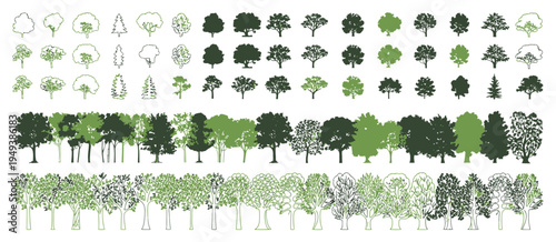 Architectural CAD Tree Line Set, Side View Forest and Wetland Section Illustrations for Landscape Design, Technical Outline Vegetation Elements, Clean Vector Drawing Collection