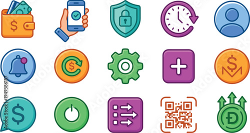 Finance and mobile banking vector icon set with digital payment wallet security shield QR code transaction and financial technology symbols