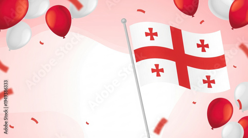 Georgian Flag Waving with Red White Balloons Confetti on Pink Gradient Background Festive Illustration