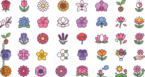 Flower vector icon set with rose tulip sunflower orchid lotus daisy lavender and colorful spring floral illustration collection
