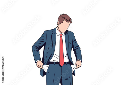 Broke businessman showing empty pockets vector illustration, concept of financial crisis, bankruptcy, and unemployment