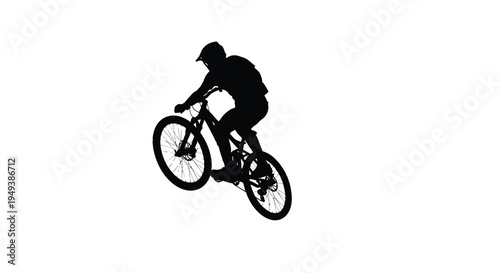 Dynamic black silhouette vector illustration of a mountain biker jumping or performing a trick