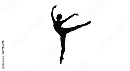 Graceful ballet dancer performing an elegant arabesque pose, depicted as a striking vector silhouette illustration.