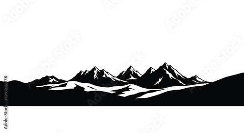 Stark black and white vector graphic illustration of a dramatic mountain range landscape silhouette