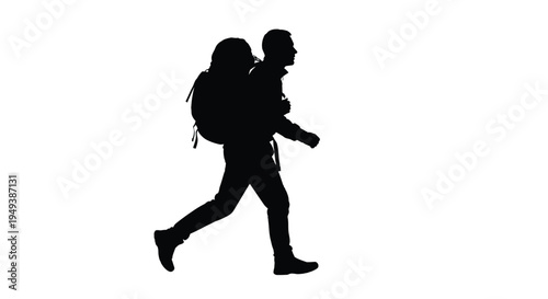 Outdoor adventure vector illustration featuring a traveler with a backpack moving purposefully on a journey.