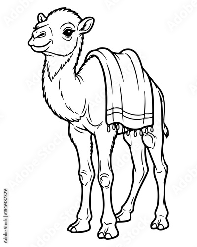 Cute camel cartoon line art illustration wearing blanket desert animal coloring page style simple black and white character for kids