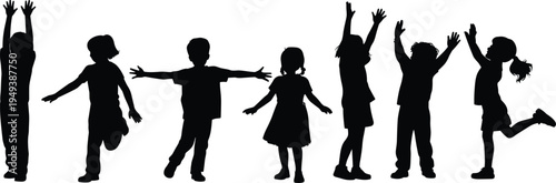 Children silhouette collection set with happy kids jumping, playing and raising hands poses isolated on white background, childhood activity vector illustration
