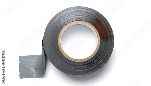 Duct tape roll unwinding on a clean, bright white background from a high angle