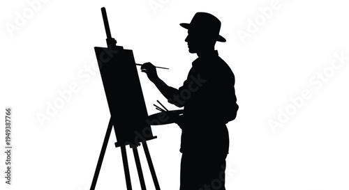 Vector graphic illustration of an artist silhouette painting creatively on an easel with brushes