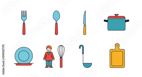 Kitchen utensils and cook preparing food