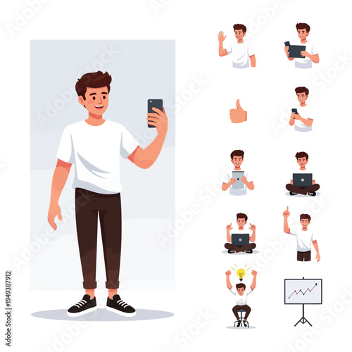 Tech-Savvy Youngster: A dynamic collection of illustrations showcases a young male interacting with various devices, each image capturing his engagement in different actions.