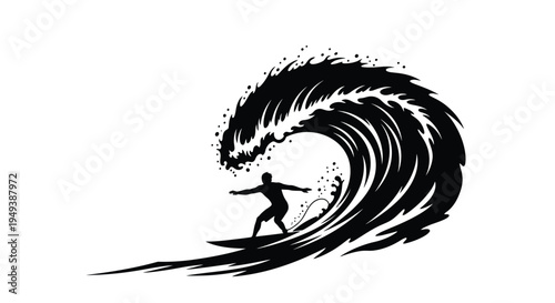 Dynamic black and white vector illustration of a lone surfer riding an enormous ocean wave with great skill.