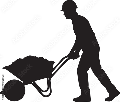 worker pushing wheelbarrow