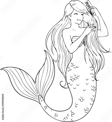 A mermaid with long hair and a shimmering tail