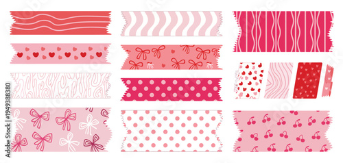 Groovy Pink and Red Torn Paper Strips Collection with Wavy Stripes, Dots and XOXO Patterns on White Background, Retro Scrapbook Texture Elements for Valentine Card, Poster and Creative Design