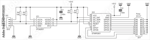 Schematic diagram of electronic device on white sheet of paper.  Vector drawing electrical circuit with 
resistor, integrated circuit, capacitor, controller, gnd,
connector, other components. 