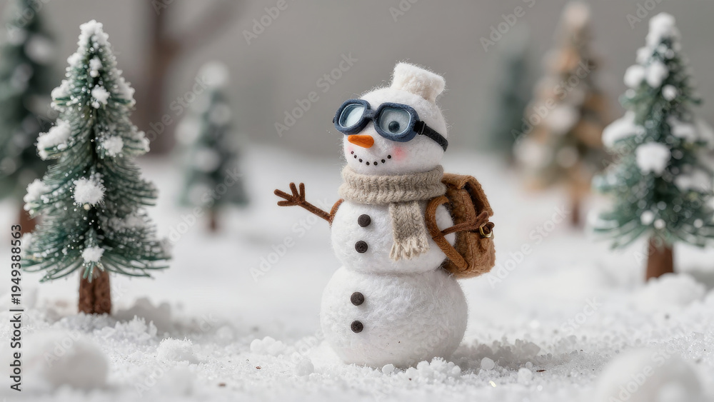 Fototapeta premium A miniature snowman explorer made of wool wearing all kinds of equipment, the whole world is made of felt textile