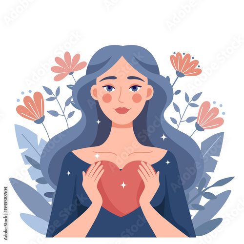 Woman holding heart. Love and care concept. Concept of self love, mental health, compassion, charity and positive emotions. Illustration.