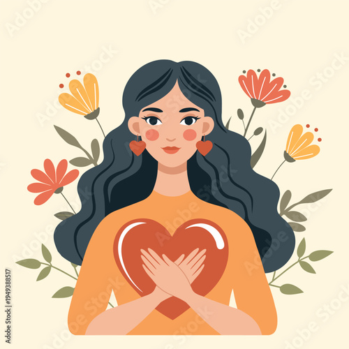 Woman holding heart. Love and care concept. Concept of self love, mental health, compassion, charity. Illustration.