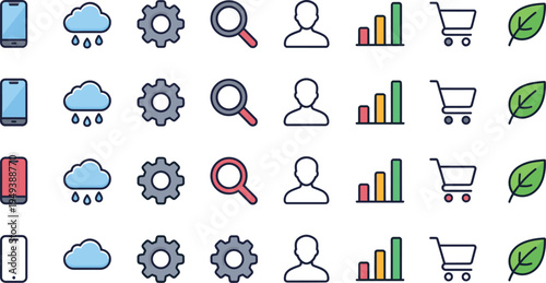 Mobile app interface and digital service line icon set featuring smartphone, weather cloud, settings gear, search, user profile, analytics chart, shopping cart and eco leaf