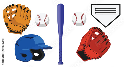 A collection of baseball equipment including a bat, balls, gloves, and a helmet.