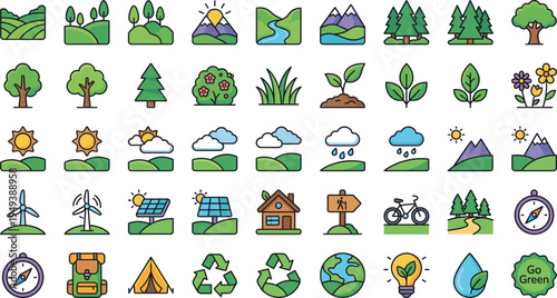 Nature and ecology vector icon set with mountains forest trees weather renewable energy recycling camping and environmental landscape symbols