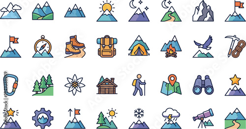 Mountain adventure and hiking vector icon set with camping backpack compass climbing trekking wildlife and outdoor exploration symbols