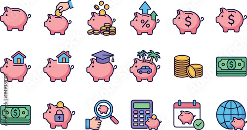 Personal savings and financial planning line icon set featuring piggy bank, money investment, education fund, home savings, travel fund and budgeting vector icons
