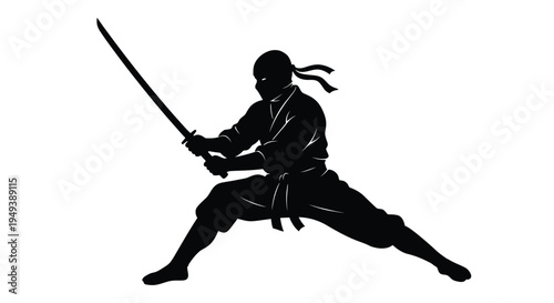 Dynamic vector illustration showing a ninja warrior silhouette in an attack pose with a samurai sword.