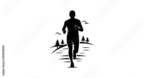 Silhouette of a runner in motion on a path with trees.