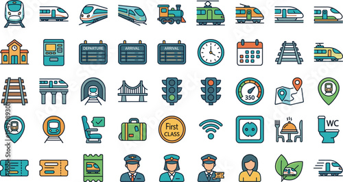 Train railway transport vector icon set with high speed train station ticket conductor signal track and public transportation symbols