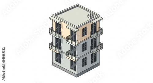 Modern Apartment Building with Balconies and Flat Roof.