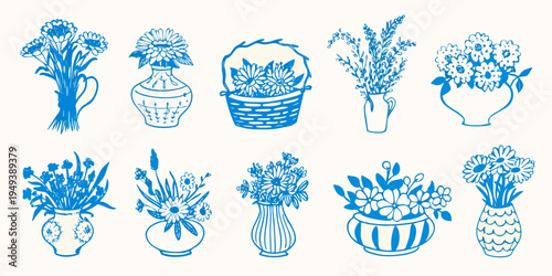 Collection of blue line art floral arrangements in vases and baskets