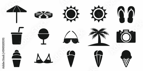 Black silhouette icons depicting various summer vacation and beach items