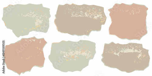 Six abstract torn paper shapes with muted earthy color palettes