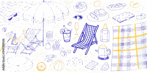 A whimsical sketch of a summer picnic and beach scene