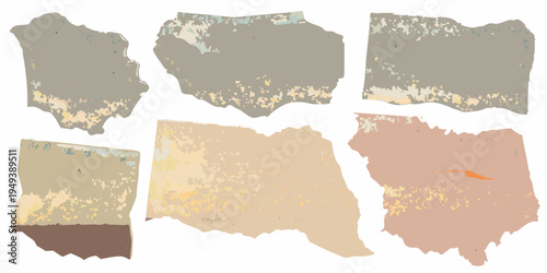 Abstract collection of six irregularly shaped textured paper fragments