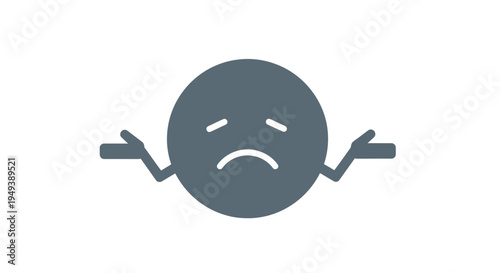 Dark Grey Sad Emoji Icon with Thin Shrugged Arms Expressing Uncertainty or Disappointment on Isolated White Background