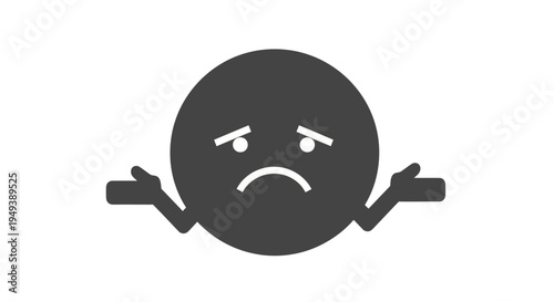 Dark Grey Sad Emoji Icon with Shrugged Shoulders Expressing Confusion or Unhappiness on Isolated White Background