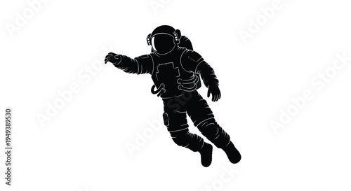 Black silhouette vector illustration depicting an astronaut floating weightlessly in outer space, against a simple white background.