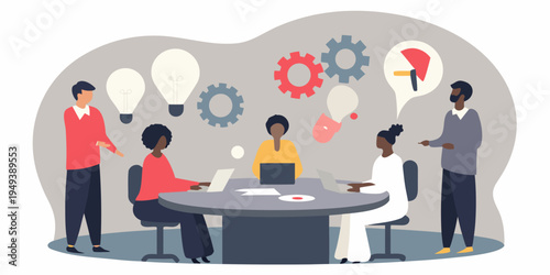 Team brainstorming session with lightbulb and gear icons representing ideas
