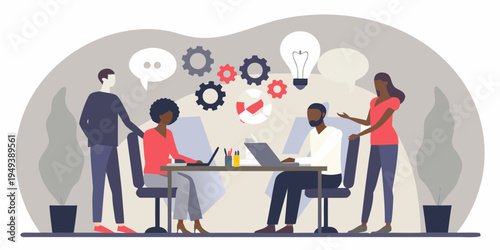 Diverse team collaborating with ideas and technology in a modern workspace