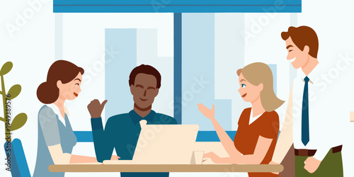 Diverse business team collaborates around a table with a laptop