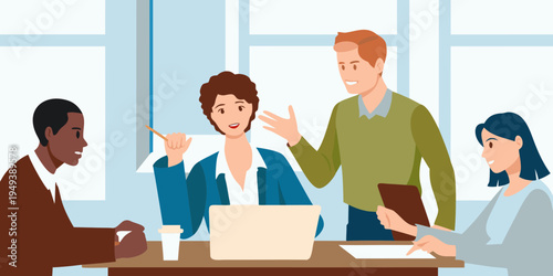 Diverse group of professionals collaborating around a table with a laptop