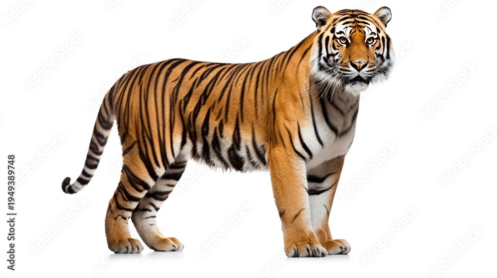Obraz premium Majestic Bengal Tiger Standing on a White Background, Facing Right, with Striped Orange Fur