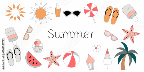 Colorful summer illustrations depict sunshine treats and beach accessories